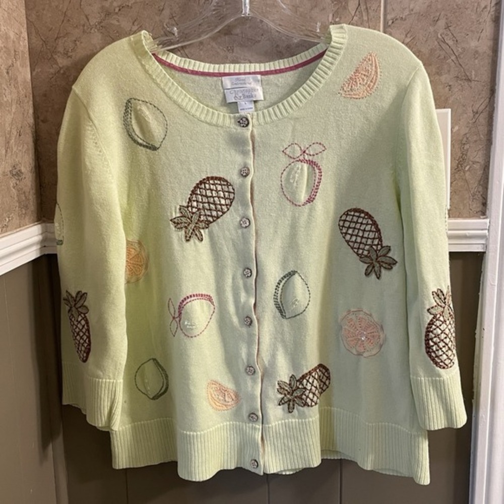 Vtg Christopher & Banks Hand Embroidered Fruit Sweater Yellow 3/4 Sleeves Size L